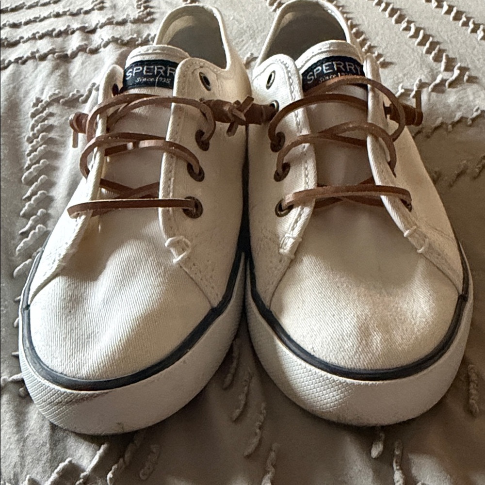 Sperry White Canvas Low-Top Sneakers with Tan Leather Laces - Picture 2 of 4